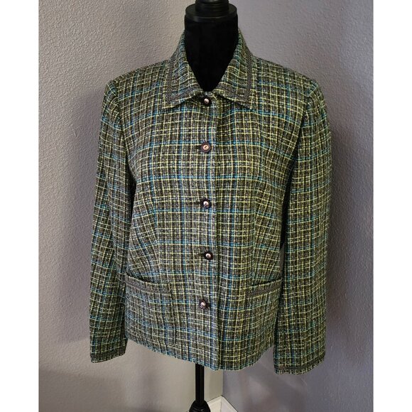 JM Collection Womens Tweed Button-Up Blazer Size 12 Green Blue Pockets Lined - Picture 1 of 9